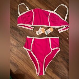 Kona sol pink textured terry retro bikin bandeau DD top S bottoms set